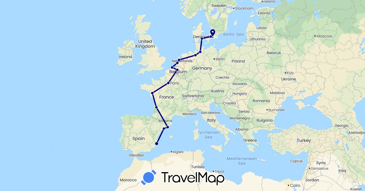 TravelMap itinerary: driving in Belgium, Germany, Denmark, Spain, France, Netherlands, Sweden (Europe)