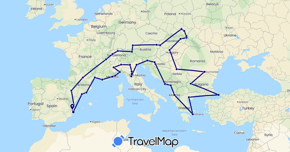 TravelMap itinerary: driving in Albania, Austria, Bulgaria, Switzerland, Germany, Spain, France, Greece, Croatia, Hungary, Italy, Monaco, Montenegro, Poland, Romania, Serbia, Slovenia, Slovakia, Turkey (Asia, Europe)